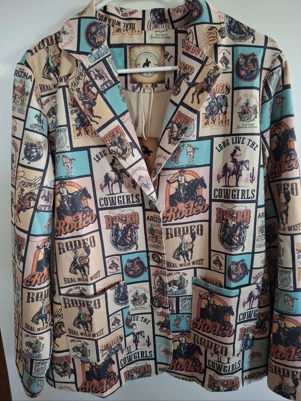 Beige & Teal Rodeo Print Blazer